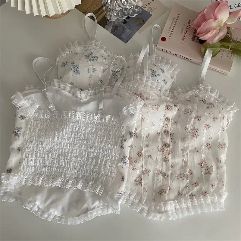Floral Tube Tops French Wood Ear-hem Camisole Women's Breathable Lace Tank Tops Back-beautiful Underwear for Summer
