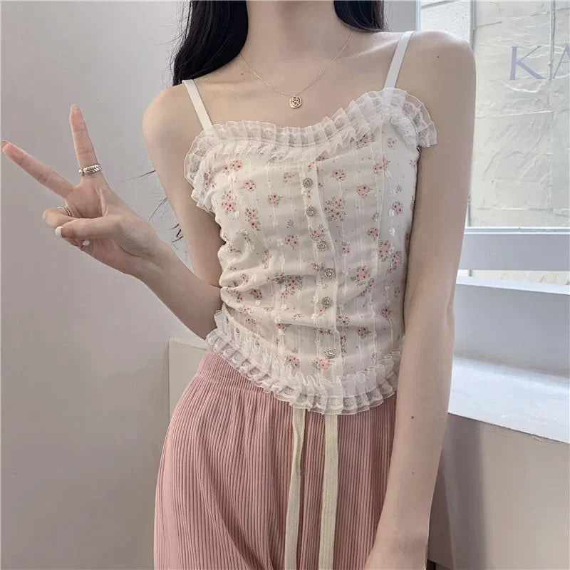 Floral Tube Tops French Wood Ear-hem Camisole Women's Breathable Lace Tank Tops Back-beautiful Underwear for Summer