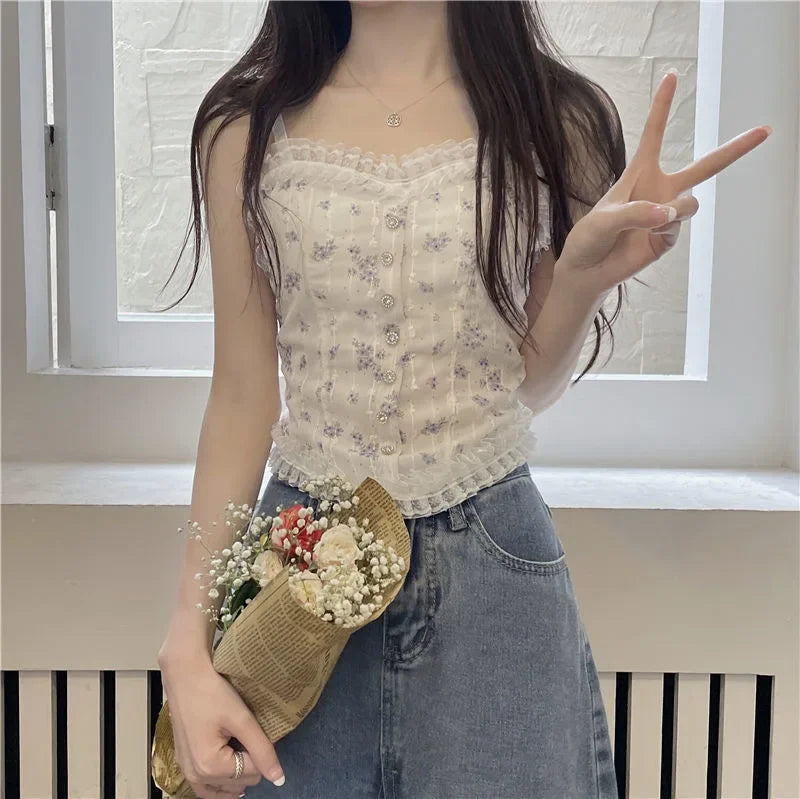 Floral Tube Tops French Wood Ear-hem Camisole Women's Breathable Lace Tank Tops Back-beautiful Underwear for Summer