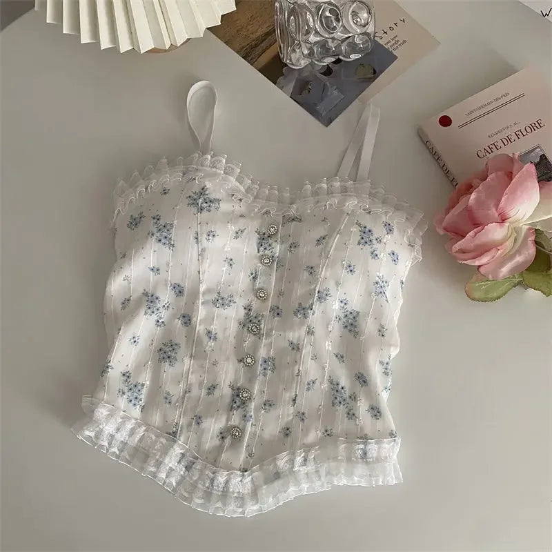 Floral Tube Tops French Wood Ear-hem Camisole Women's Breathable Lace Tank Tops Back-beautiful Underwear for Summer