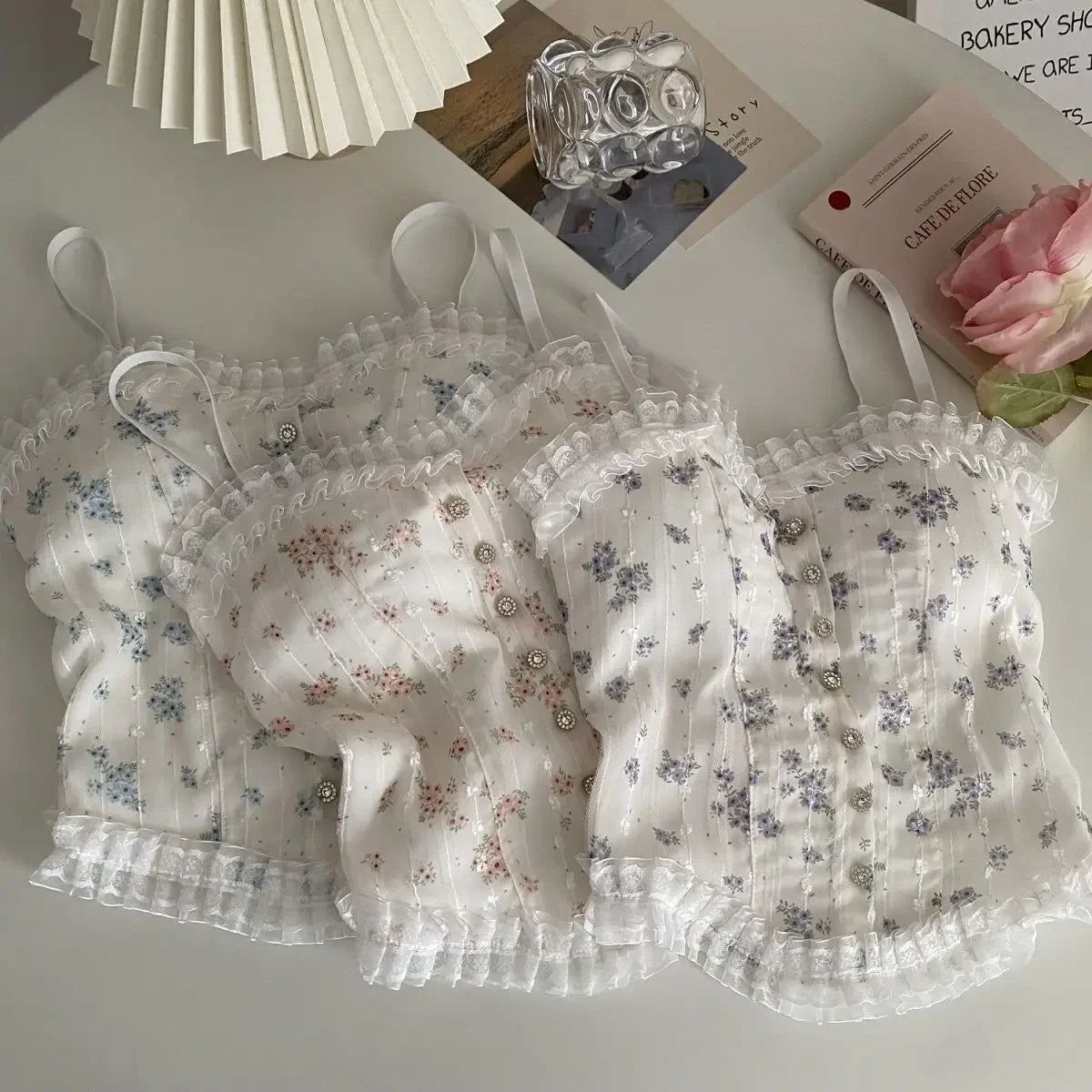 Floral Tube Tops French Wood Ear-hem Camisole Women's Breathable Lace Tank Tops Back-beautiful Underwear for Summer