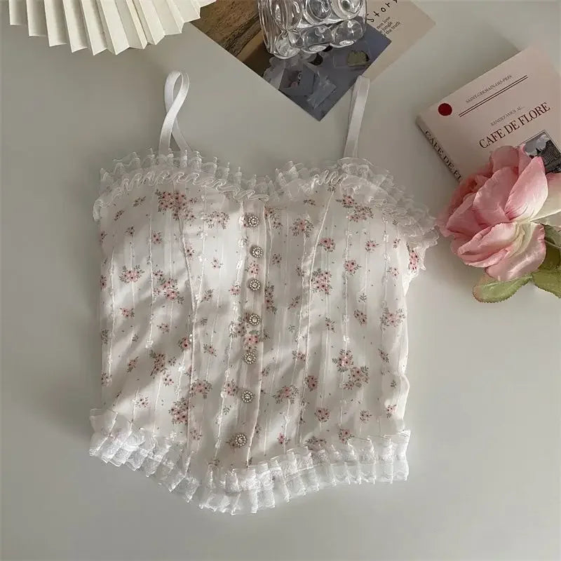 Floral Tube Tops French Wood Ear-hem Camisole Women's Breathable Lace Tank Tops Back-beautiful Underwear for Summer